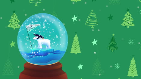Snow-globe-with-polar-bear-and-north-pole-sign-over-christmas-trees-and-stars-on-green-background