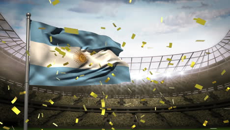 Animation-of-golden-confetti-falling-over-waving-argentina-flag-against-sport-stadium