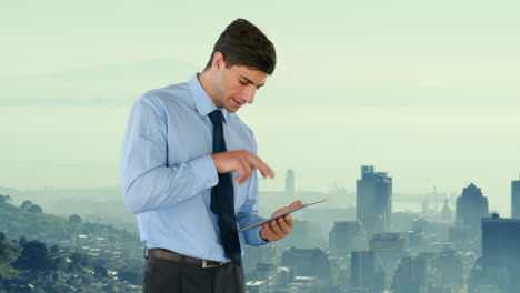 Composite-view-of-biracial-businessman-using-digital-tablet-against-aerial-view-of-cityscape