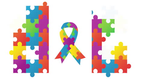 Animation-of-multi-coloured-jigsaw-puzzle-pieces-forming-blocks-and-autism-awareness-ribbon