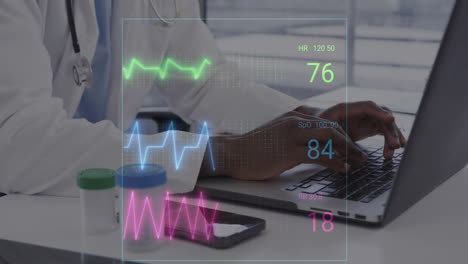Animation-of-heart-rate-monitor-against-mid-section-of-male-doctor-using-laptop-at-hospital
