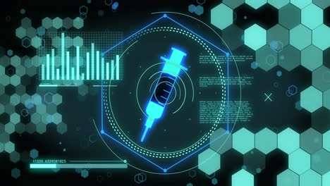 Animation-of-vaccine-icon-and-data-processing-on-black-background