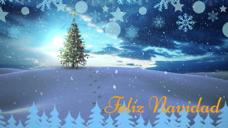 Animation-of-feliz-navidad-text-and-hanging-decorations-against-christmas-tree-on-winter-landscape