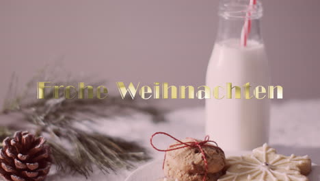 Frohe-weihnachten-text-in-gold-over-christmas-cookies-and-milk-on-grey-background
