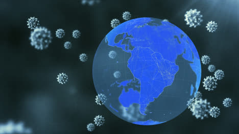 Animation-Von-Covid-19-Zellen,-Die-über-Einem-Globus-Vor-Einem-Lichtpunkt-Auf-Grauem-Hintergrund-Schweben