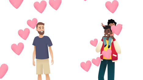 Animation-of-diverse-gay-couple-with-son-over-white-background-with-hearts