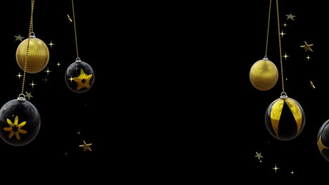 Black-and-gold-christmas-baubles-swinging-with-gold-stars-on-black-background,-copy-space
