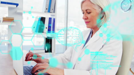Animation-of-medical-data-processing-over-caucasian-female-senior-doctor-using-laptop-at-hospital