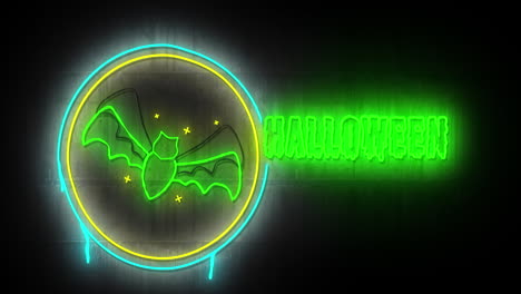 Animation-Von-Halloween-Text-Und-Fledermaus-In-Grünem-Neon-Mit-Blauen-Und-Gelben-Ringen-Auf-Schwarzem-Hintergrund