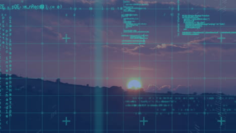 Animation-of-data-processing-over-landscape-with-sunset