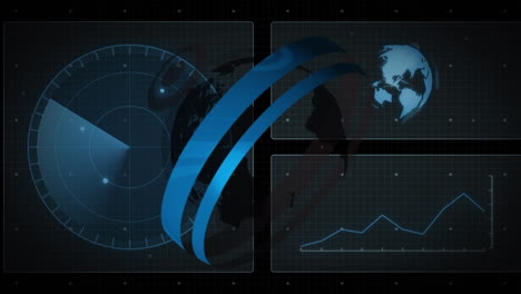 Animation-Eines-Sich-Drehenden-Globus-über-Einer-Schnittstelle-Mit-Datenverarbeitung-Vor-Schwarzem-Hintergrund