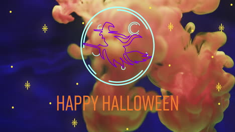 Animation-of-happy-halloween-text-and-blue-and-orange-background