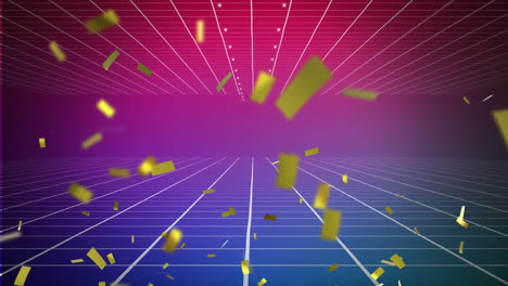 Animation-of-golden-confetti-falling-over-grid-network-against-purple-gradient-background