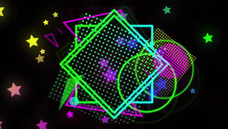 Animation-of-multicolored-geometric-shapes-and-stars-over-black-background