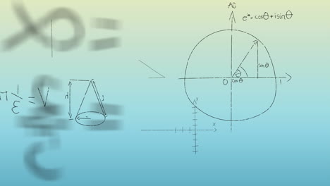 Animation-of-mathematical-equations-floating-against-blue-gradient-background