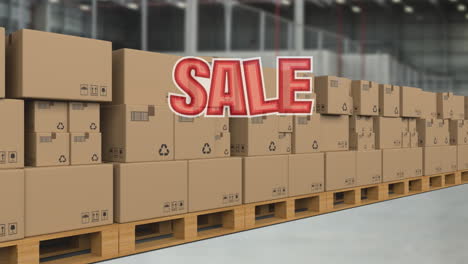 Animation-of-sale-text-over-moving-cardboard-boxes-in-warehouse