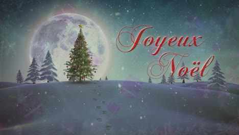 Animation-of-snow-falling-over-joyeux-noel-text-against-christmas-tree-on-winter-landscape