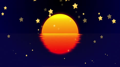Animation-Von-Goldenen-Sternen,-Die-über-Das-Sonnensymbol-Vor-Blauem-Farbverlauf-Hintergrund-Mit-Kopierraum-Fallen