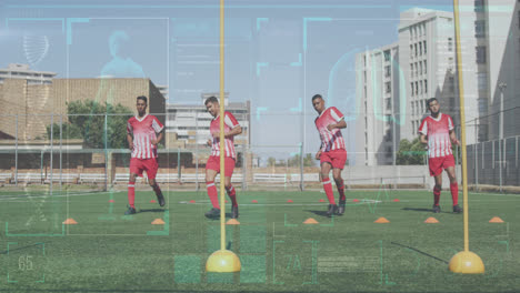 Animation-of-interface-processing-data-over-diverse-group-of-male-football-players-training-in-field