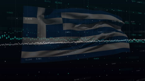 Animation-of-statistical-data-processing-over-waving-greece-flag-against-black-background
