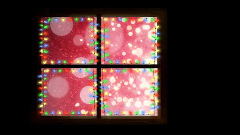 Animation-of-window-with-fairy-lights-over-snow-and-light-spots-at-christmas