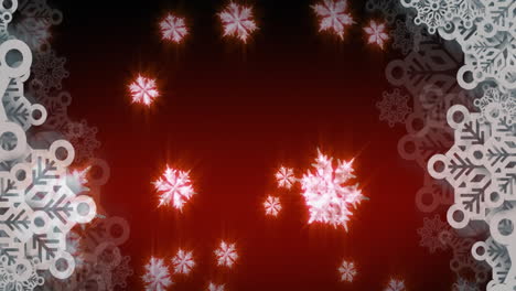 Animation-of-glowing-snowflakes-falling-against-red-background-with-copy-space