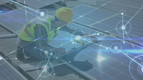 Animation-of-network-of-connections-over-male-engineer-setting-up-solar-panels-on-the-roof