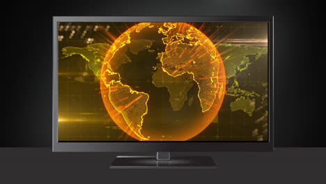 Animation-of-tv-with-globe-and-world-map-on-black-background