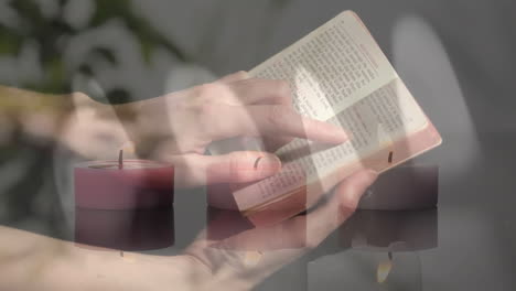 Vídeo-Compuesto-De-Velas-Encendidas-Contra-Un-Primer-Plano-De-Una-Mujer-Leyendo-Una-Biblia-Y-Orando