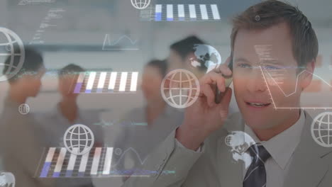 Animation-of-statistical-data-processing-over-caucasian-businessman-talking-on-smartphone-at-office