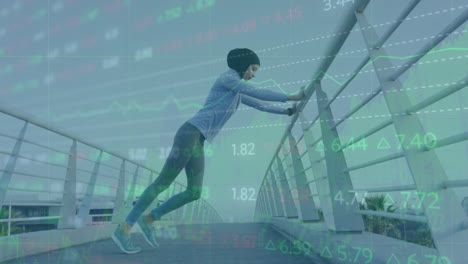 Animation-of-stock-market-data-processing-over-biracial-woman-in-hijab-stretching-on-the-bridge