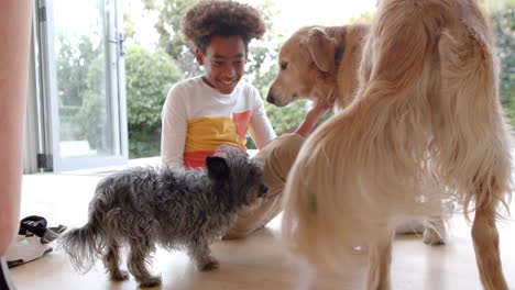 Happy-african-american-boy-sitting-on-floor,-petting-his-pet-dogs,-slow-motion