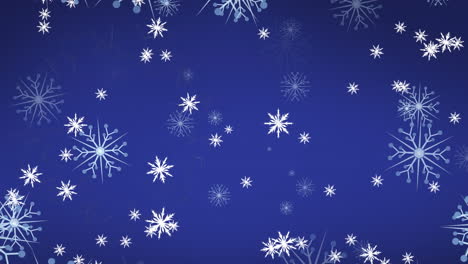 Animation-of-snowflakes-floating-and-falling-against-blue-background-with-copy-space