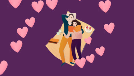 Animation-of-caucasian-couple-reading-on-blanket-over-purple-background-with-hearts