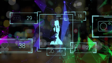 Animation-of-social-media-icons-with-numbers-and-data-processing-with-man-portrait-on-light-spots