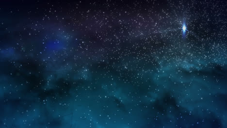 Animation-of-shooting-star,-glowing-spots-and-particles-over-clouds-background