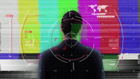 Animation-of-tv-glitch-and-viewfinder-over-back-of-caucasian-man