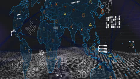 Animation-Einer-Weltkarte-über-Einer-Digitalen-Welle-Vor-Schwarzem-Hintergrund
