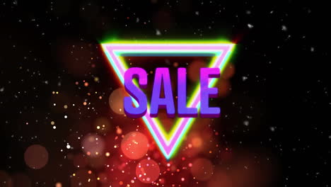 Animation-of-sale-text-over-neon-triangle-and-glowing-spots