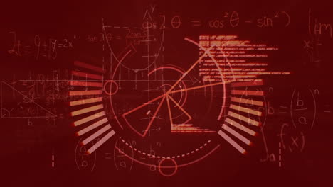 Animation-of-round-scanner,-data-processing-and-mathematical-equations-against-red-background