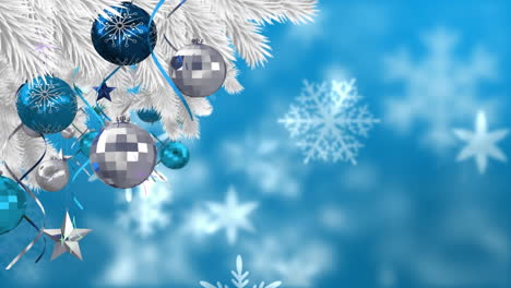 Animation-of-decorated-christmas-tree-branch-against-floating-snowflakes-on-blue-background