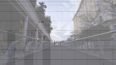 Animation-of-graphs,-changing-numbers,-time-lapse-of-diverse-people-walking-against-building-and-sky