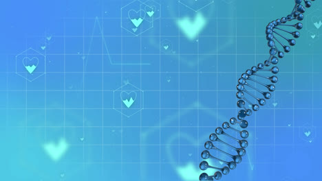 Animation-of-medical-icons-and-dna-strand-on-blue-background