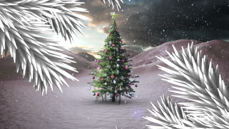 Animación-De-Ramas-Y-Nieve-Cayendo-Sobre-Un-árbol-De-Navidad-Decorado-En-Un-Paisaje-Invernal