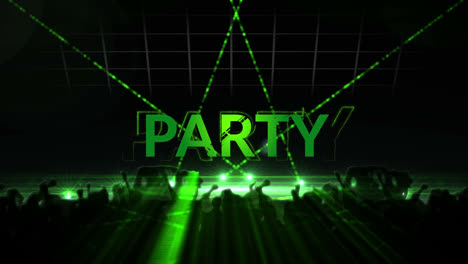 Animation-of-party-text-over-silhouettes-of-dancing-people-and-lasers