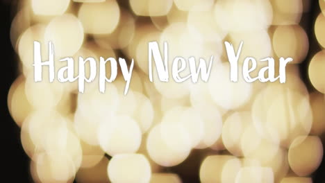 Animation-of-happy-new-year-text-over-yellow-spots-of-light-background