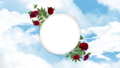 Animation-Eines-Kreisförmigen-Rahmens-Mit-Floralem-Design-Und-Platz-Zum-Kopieren-Vor-Wolken-Am-Blauen-Himmel
