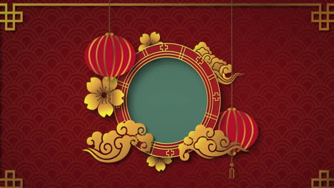 Animation-of-chinese-decorated-circle-with-copy-space-on-red-background