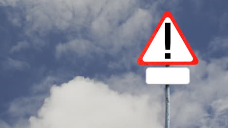 Animation-of-warning-signboard-with-copy-space-against-clouds-in-the-blue-sky