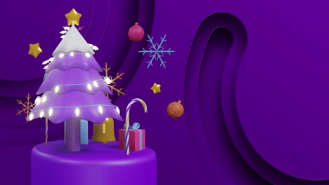 Purple-christmas-tree-and-gifts-on-rotating-podium-with-floating-decorations-on-purple-background